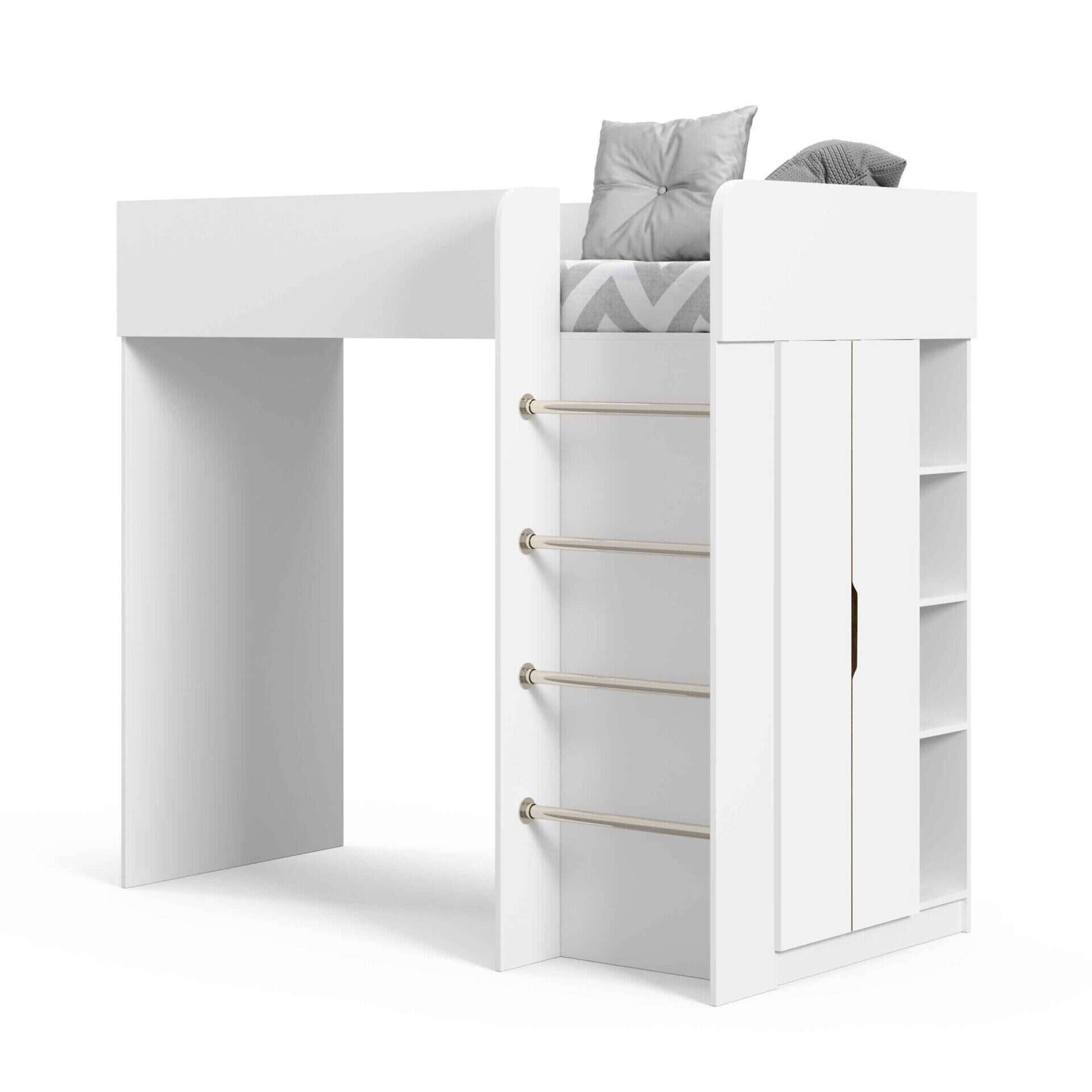 Ліжко горище БР3 біле з шафою і полицями