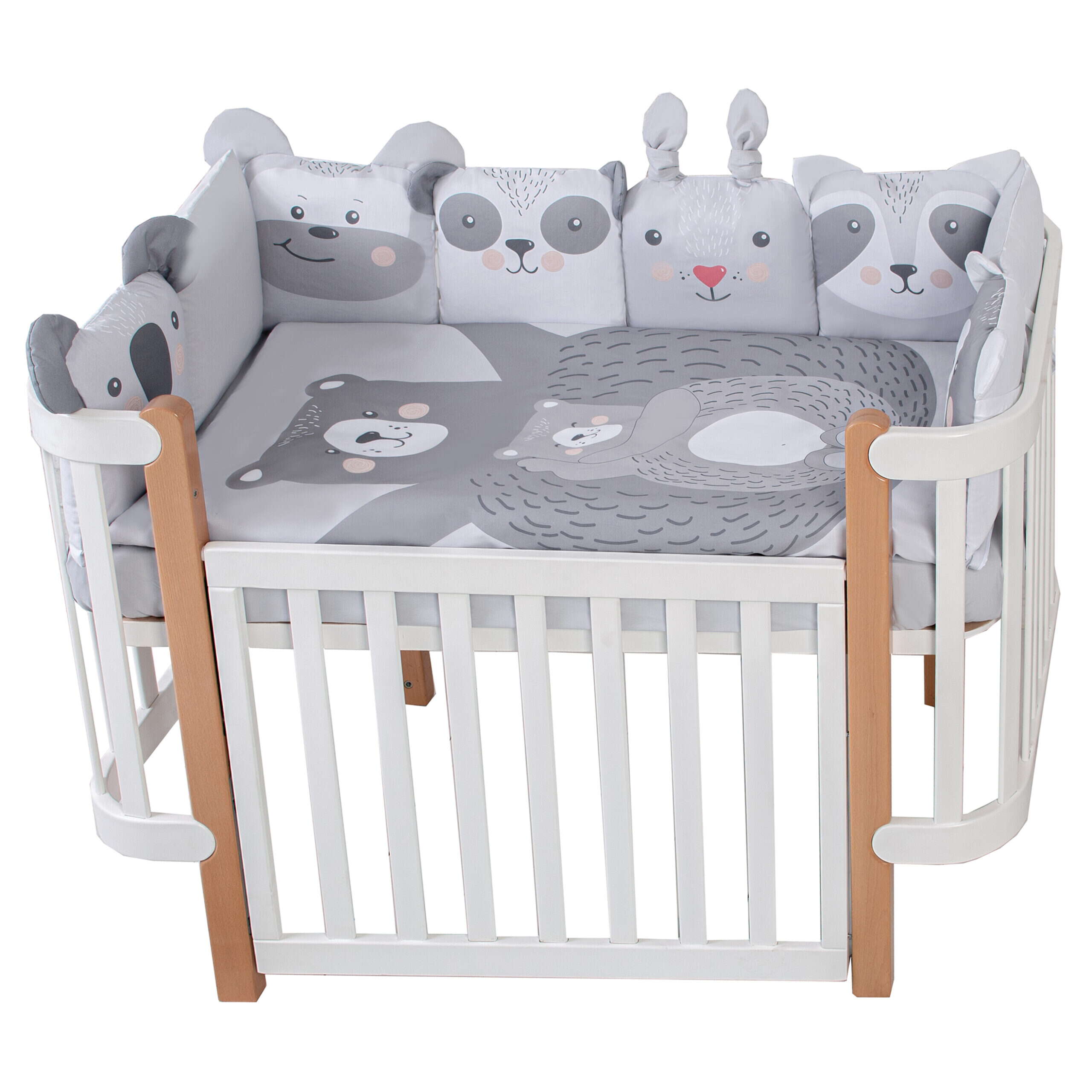 Постільний комплект Cuties Zoo grey з 6 одиниць: бортики, ковдра, подушка, підковдра, наволочка, простирадло