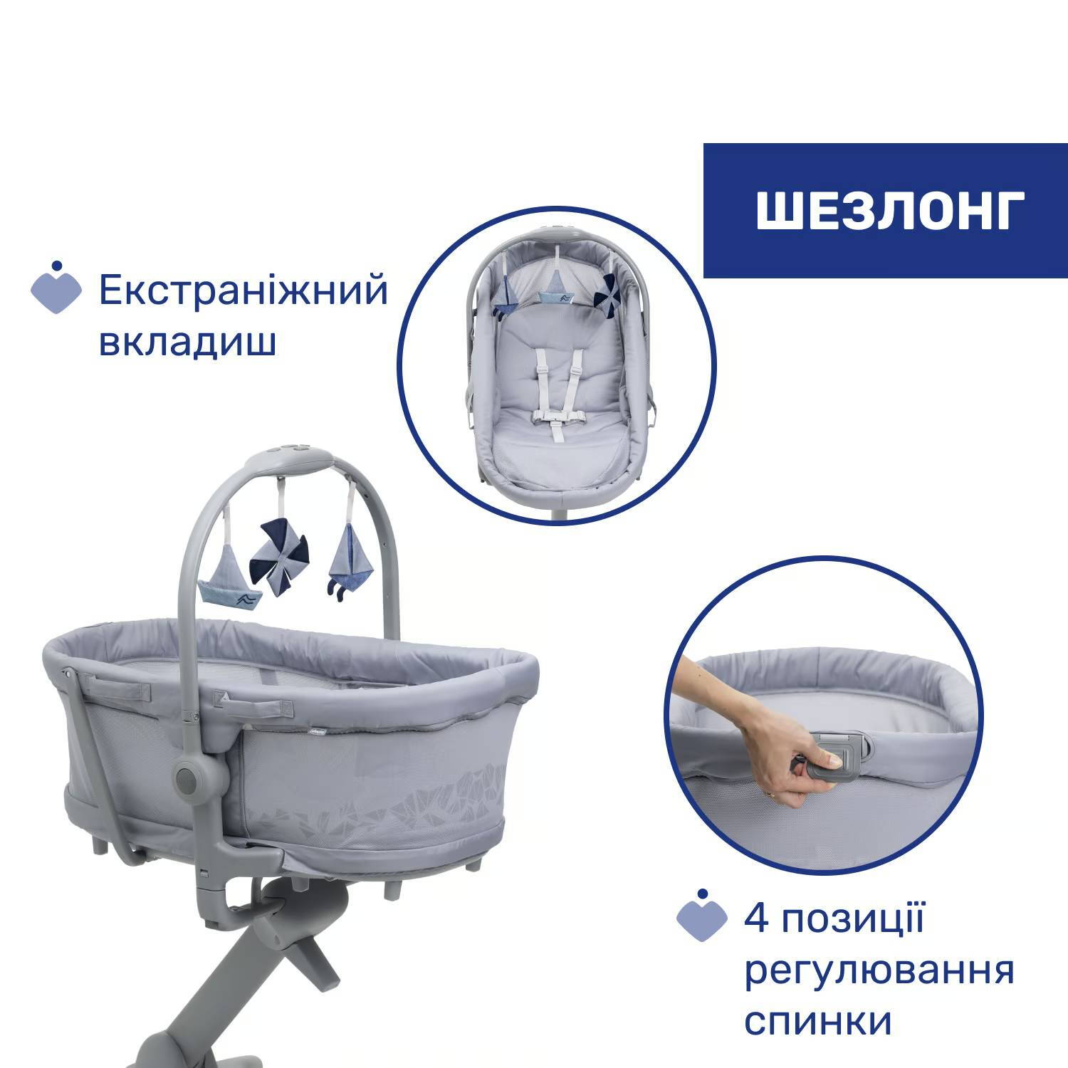 Ліжечко-стільчик 5 в 1 Бебі Хаг Про Chicco, сіре вкладиш
