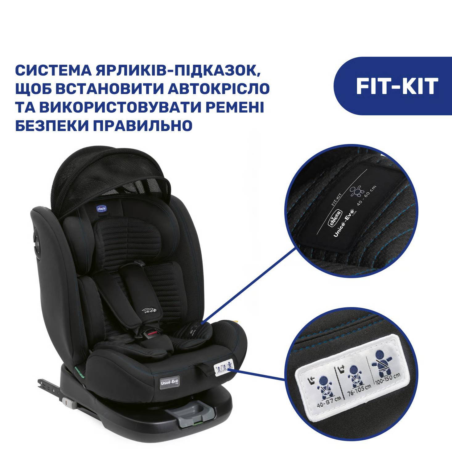 Автокрісло Unico Evo Air i-Size Chicco (40-150 см), чорне ярлики