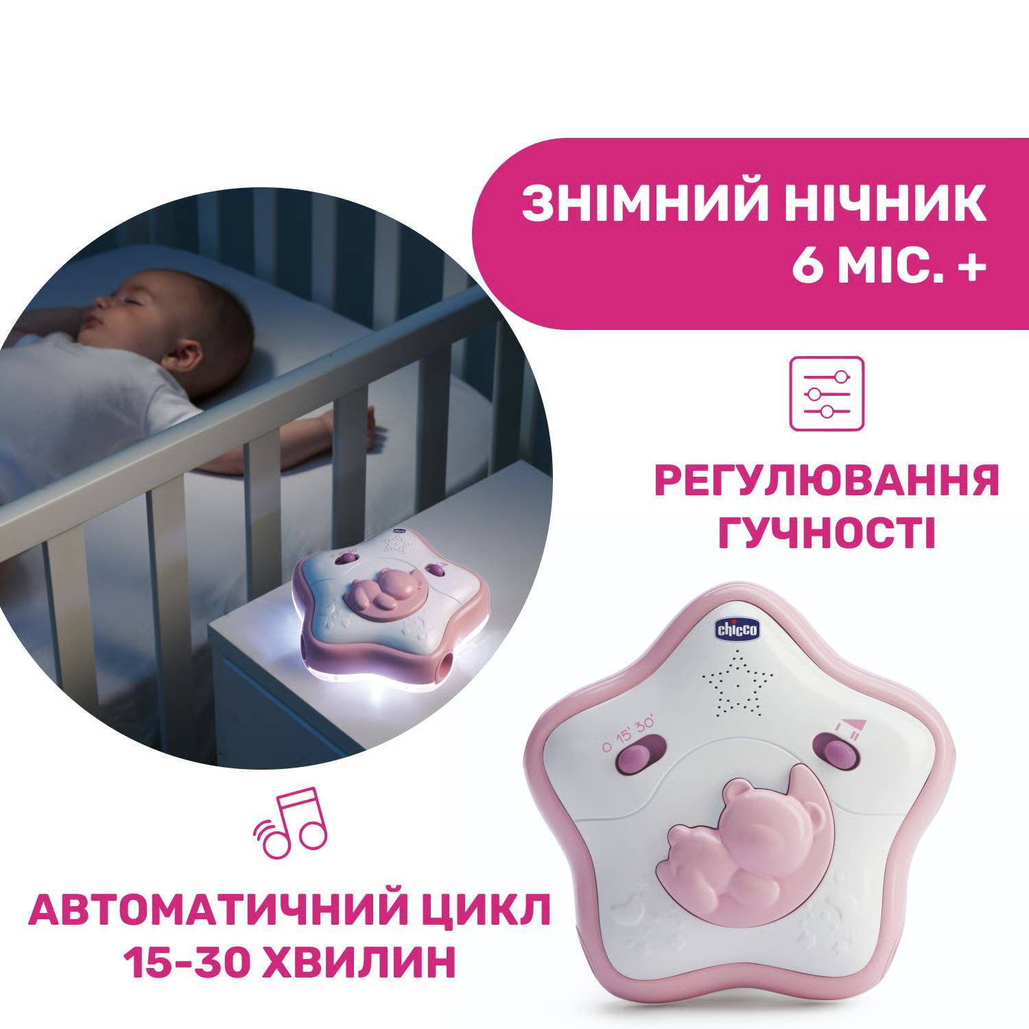 Іграшка-нічник на ліжечко Веселкове сяйво Chicco, рожева нічник